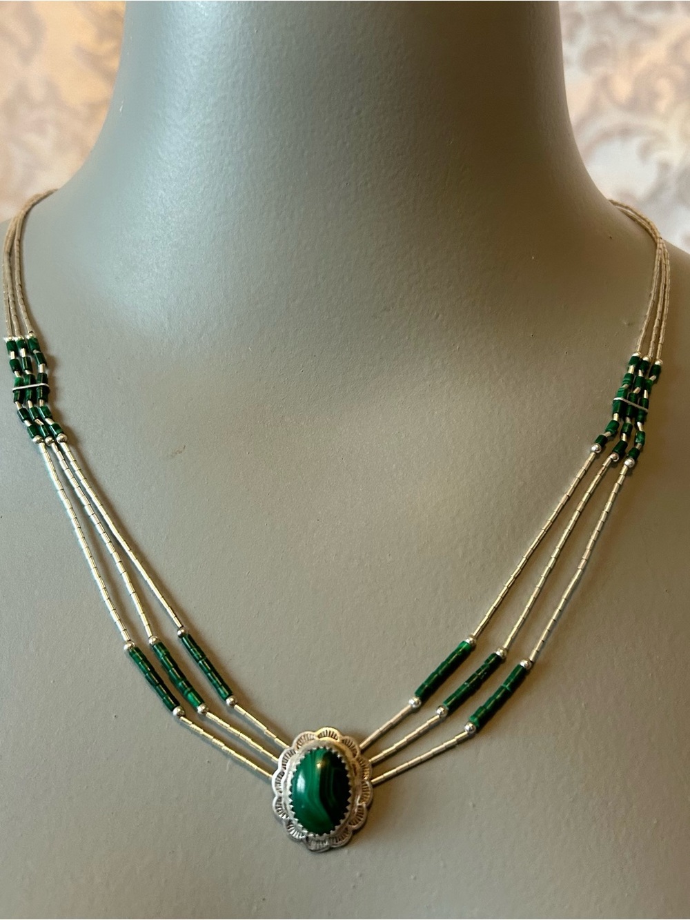 Vintage Sterling Silver Malachite Necklace, Three-Stranded, Liquid Silver Bead